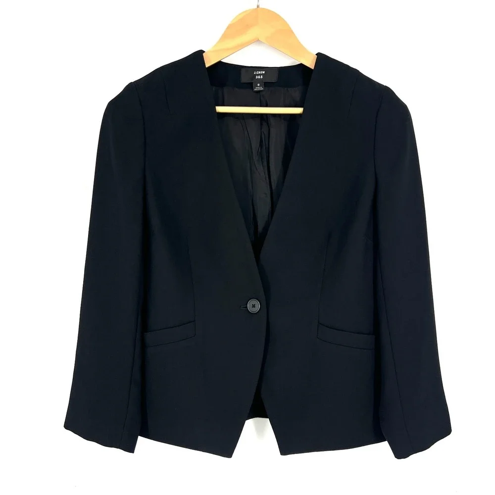 J. Crew‎ 365 Collarless Fitted Blazer Jacket Womens Size 8 Black L0192 Career